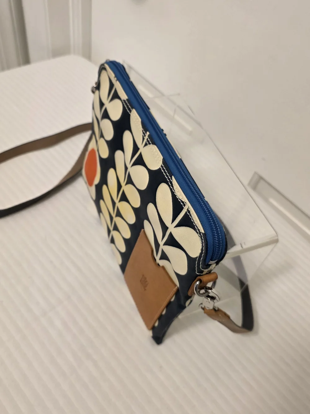 Orla Kiely Navy Crossbody/Clutch W/ Cream Stem Pattern & Orange Dot Lightweight